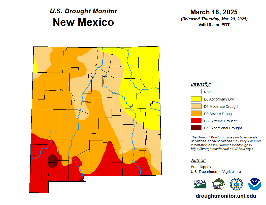granttosterudwx's tweet photo. All of New Mexico is now in Drought or Abnormally Dry conditions for the first time since September 2023. #NMwx #NMFire https://t.co/vwgxQYN65k