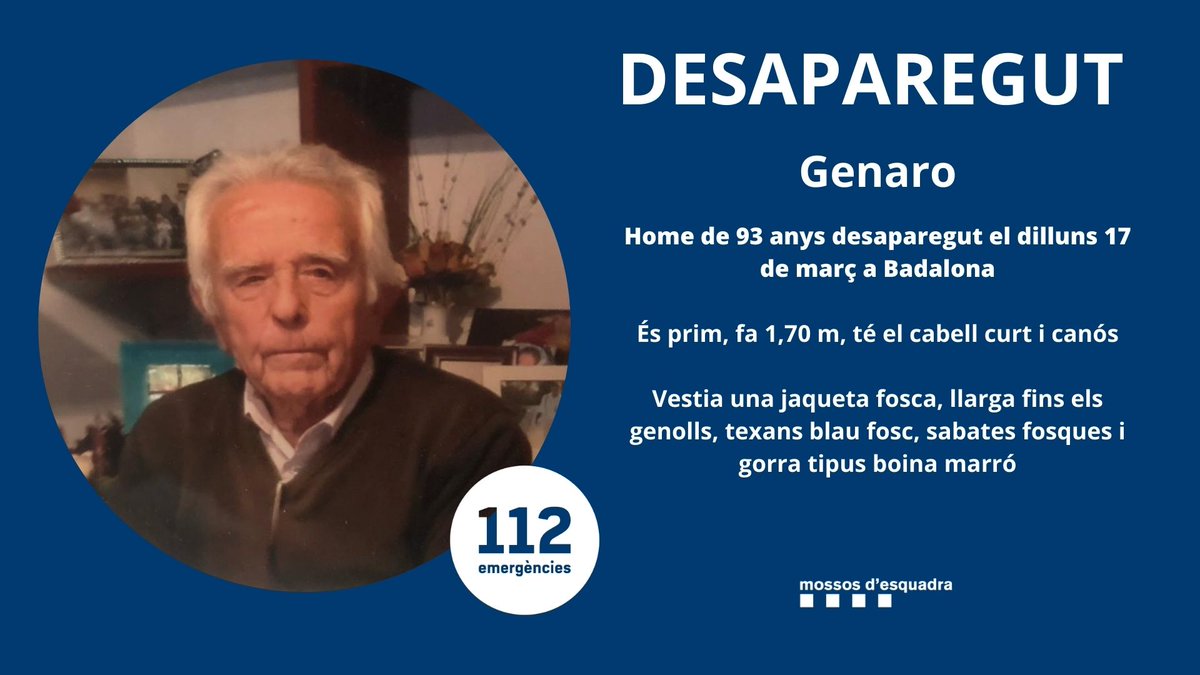 El Genaro va desaparèixer dilluns 17 a Badalona. Ajuda'ns a localitzar-lo