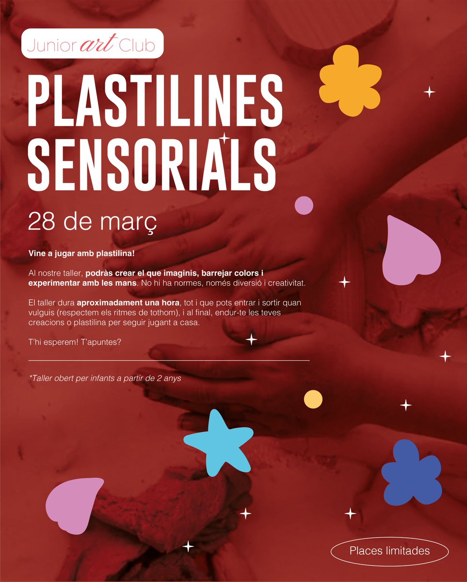 🔵⚫️ Plastilina a dojo, moltíssims colors, i un espai on la imaginació mana. 🔥

Divendres que ve, 28 de març a les 17:30 h, vine al taller de plastilines sensorials i crea la teva obra mestra. 🎭

⏳ No t’ho perdràs, oi? Inscripcions a: forms.gle/yxPFBPn14ZgMMp…