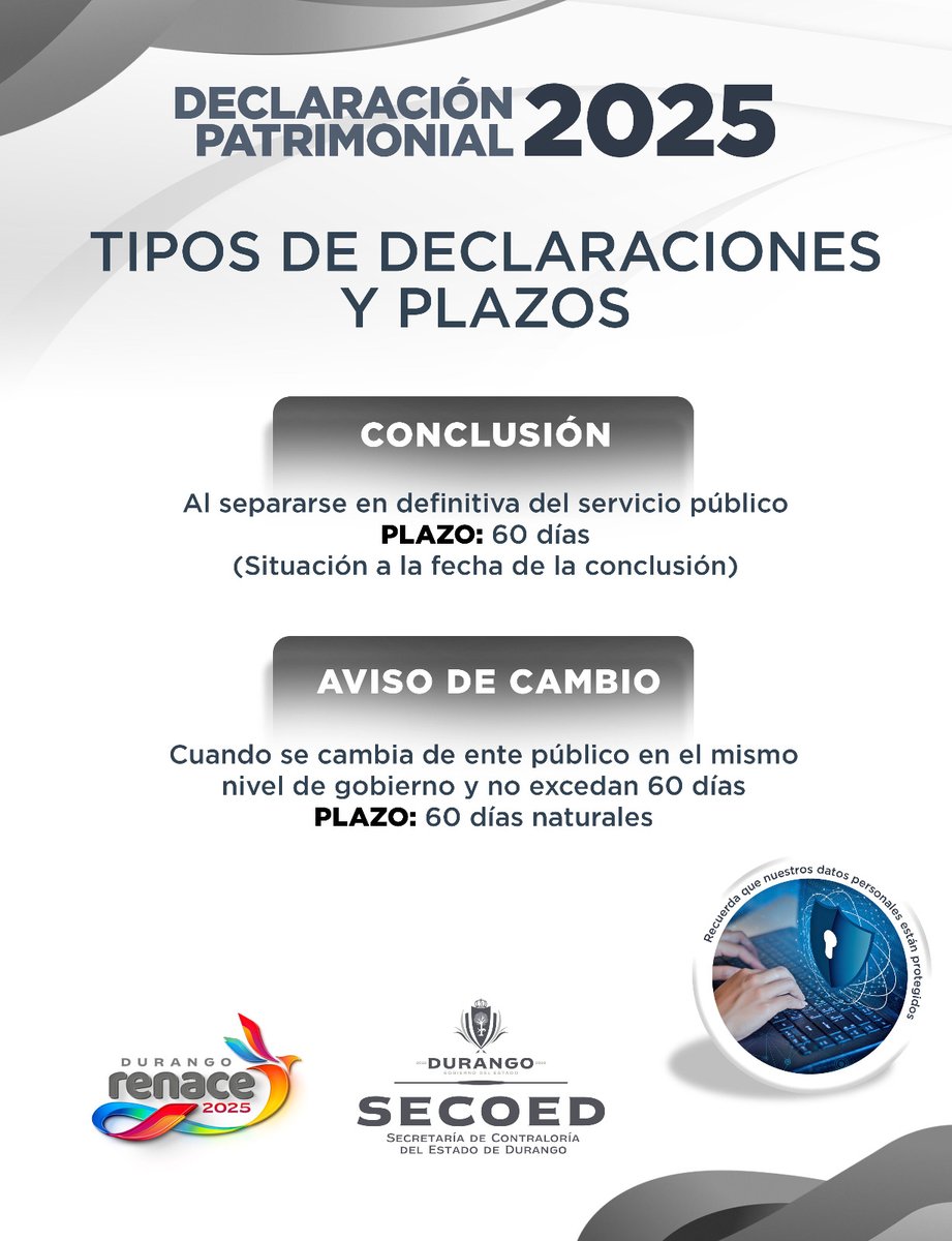 #PersonaServidoraPública: Conoce los tipos de declaraciones y sus plazos, tienes hasta el 31 de mayo para presentarla:
💻 Plataforma: declara.durango.gob.mx
👇 Información para llenado: contraloria.durango.gob.mx/declaraciones.…
📞Dudas:
618 456 4166 - CISCO 64166
#DeclaraDurango