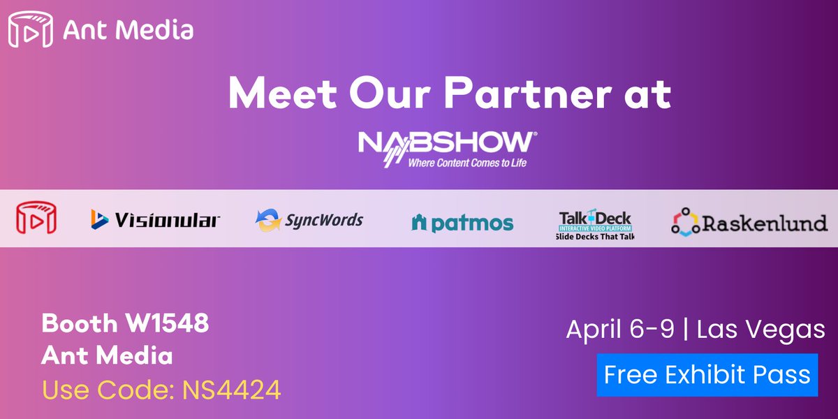 🌟 Meet Our Partners at NAB 2025! 🚀

We believe in the power of collaboration! Our partners—SyncWords, <a href="/Visionular1/">Visionular</a> , <a href="/PatmosHosting/">Patmos</a> , <a href="/raskenlund/">Raskenlund</a> , Talk-Deck, and Spaceport

Book a meeting now→ calendly.com/antmedia/ant-m… 

 #StreamingInnovation  #AntMedia #Partnerships #NABShow