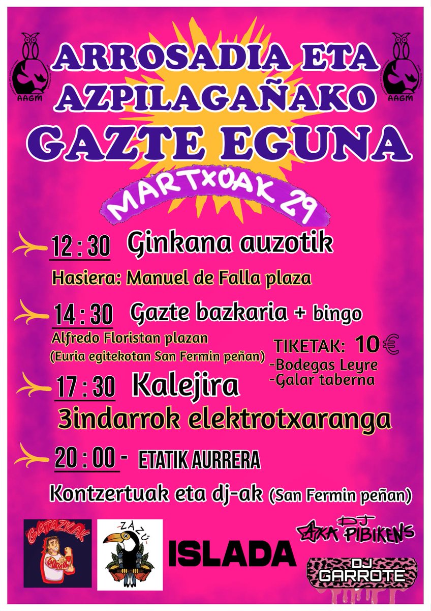Badator aurtengo Gazte Eguna❤‍🔥

Animatu prestatu dugun egitarauan parte hartzera, goizetik giro ederra egonen da eta! 

Gainera, aurten Alfredo Froristan plazan bazkalduko dugu, gero auzoko kaleak girotu eta peñan gaupasa egiten bukatuko dugu!Galduko duzu?

Gu prest, eta zu?😉