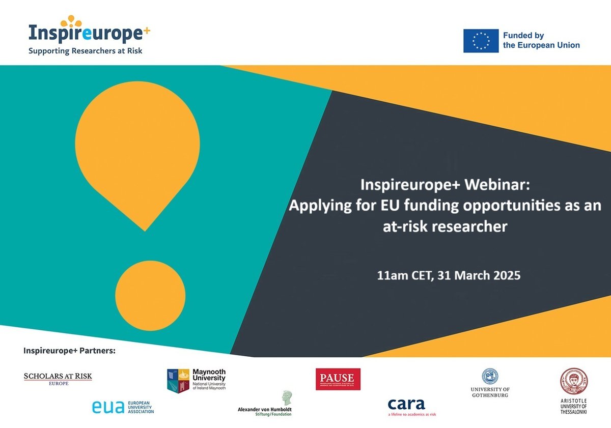 SAR_Europe's tweet image. Are you an at-risk researcher looking for funding opportunities in the EU? Join the Inspireurope+ webinar on applying for EU funding opportunities.
📅31 March
⌚️11 am CET
👇us06web.zoom.us/webinar/regist…
@euatweets @AvHStiftung @CARA1933 @ScholarsAtRisk @ScholarRescue