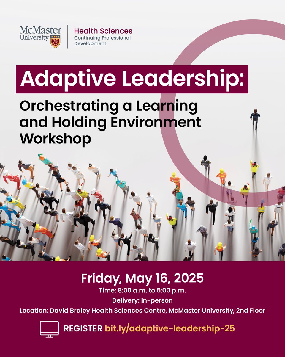 Join us for Adaptive Leadership: Orchestrating a Learning and Holding Environment on Fri, May 16/25.
Earn up to 6.5 Mainpro+ Certified Activity credits &amp; 6.5 MOC Section 1 hours by attending. Learn more about this leadership CPD opportunity 
💻 bit.ly/adaptive-leade… #MacCPD