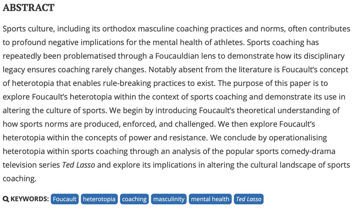 SportsCoachingReview (@sportscoachingr) on Twitter photo Heterotopia as a technology of self: disrupting the sports coaching episteme with Ted Lasso
Sebastian D. L. Harvey, <a href="/DrGearity/">Brian Gearity</a> & Clayton Kuklickās latest paper is hot off the press <a href="/tandfsport/">Routledge Sport, Leisure, and Tourism</a>;
doi.org/10.1080/216406⦠Heterotopia as a technology of self: disrupting the sports coaching episteme with Ted Lasso
Sebastian D. L. Harvey, <a href="/DrGearity/">Brian Gearity</a> & Clayton Kuklickās latest paper is hot off the press <a href="/tandfsport/">Routledge Sport, Leisure, and Tourism</a>;
doi.org/10.1080/216406ā¦