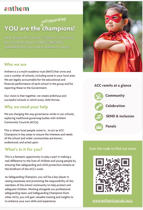Ready to take on a meaningful role?  Your contribution counts - become a safeguarding champion at our school! join a team of dedicated ACC members who provide the local tier of governance at LCA.  Find out what’s in it for you bit.ly/3Tv5g0S