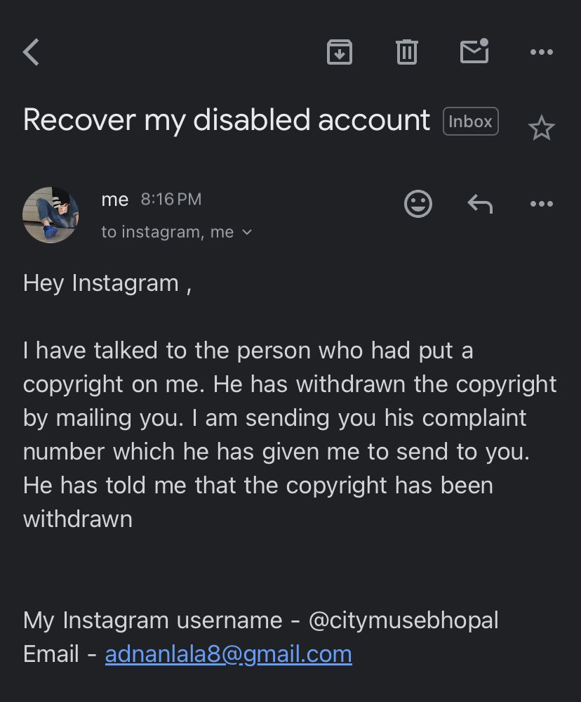 addudoctor's tweet photo. @InstagramComms My Instagram account @citymusebhopal was permanently disabled by mistake. The copyright claimant has withdrawn their complaint, yet my account is not restored!
I have submitted multiple appeals, but no response. Please review my case ASAP! 🙏 #InstagramSupport https://t.co/QrnkpISFEg