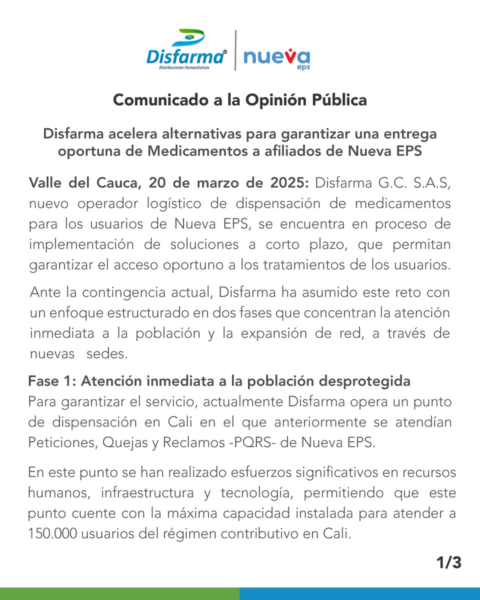 Disfarmainforma's tweet photo. 📢 Comunicado Oficial

En Disfarma estamos implementando soluciones efectivas para garantizar la entrega oportuna de medicamentos a los usuarios de Nueva EPS en el Valle del Cauca, conoce toda la información en el siguiente comunicado.

@supersalud @NuevaEPS_ https://t.co/MaEwnKRbyd
