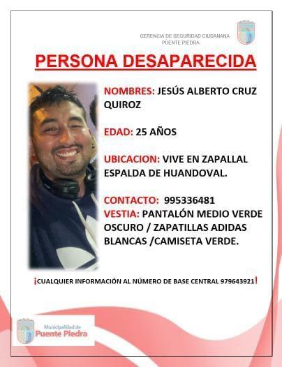Latina_Noticias's tweet photo. 🚨#LatinaTeBusca | Jesús Alberto Cruz Quiroz de 25 años ha desaparecido en Zapallal, Puente Piedra, Lima.

👉Si tienes información de su paradero, comunícate con la comisaría más cercana. https://t.co/jCMCGgV4Nu