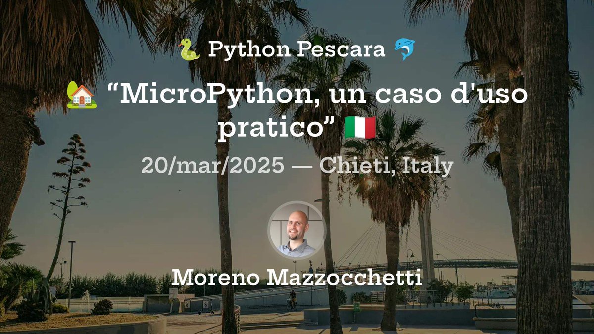 pauloxnet's tweet image. 🏡 MicroPython, un caso d'uso pratico 🇮🇹
Stasera, alle 18:00, Moreno Mazzocchetti ci guiderà all'uso pratico di MicroPython su Raspberry PI Pico
📍 Università degli Studi "Gabriele d'Annunzio", Dipartimento di Neuroscienze @univUda
#PythonPescara #RaspberryPIPico #MicroPython