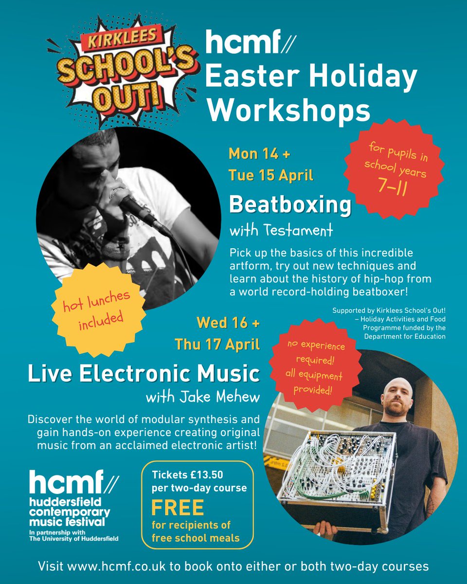 hcmfuk's tweet image. High school pupils in years 7-11 are invited to join us for our School's Out! Easter Holiday workshops this April!
Mon 14 + Tue 15 April: Beatboxing with Testament
Wed 16 + Thu 17 April: Live Electronic Music with Jake Mehew
Book now via our website:
hcmf.co.uk/schools-out-ea…