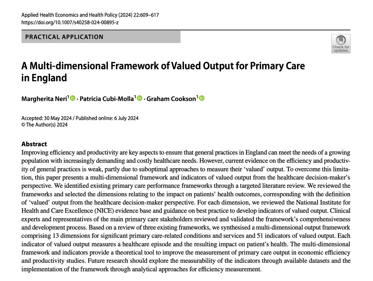 📚 #DelTallerAlaImprenta #EvaluAES
By Margherita Neri, <a href="/PatCubi/">Patricia Cubi-Molla</a> &amp; <a href="/Graham_Cookson/">Graham Cookson</a> 

"A Multi-dimensional Framework of Valued Output for Primary Care in England"
Applied Health Economics and Health Policy 22, 609–617 (2024)

🔗 f.mtr.cool/gztiynxrcx