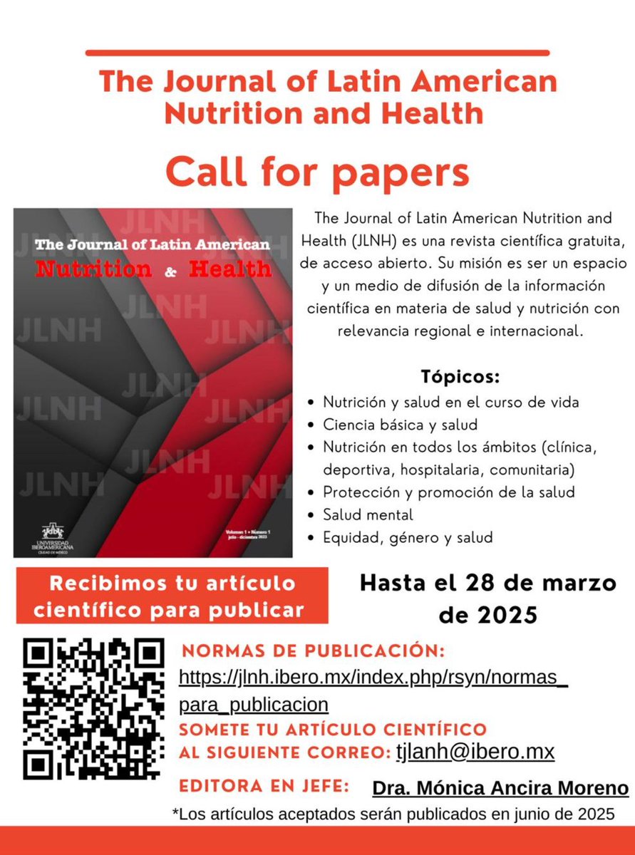 EQUIDE (@equide_ibero) on Twitter photo The Journal of Latin American Nutrition and Health invita a enviar artículos sobre nutrición y salud
📅 Fecha límite: 28 marzo 2025
📩 Envíos: tjlanh@ibero.mx
🌎 ¡Comparte tu investigación!
#CallForPapers #Nutrición #Salud #Investigación #JLNH The Journal of Latin American Nutrition and Health invita a enviar artículos sobre nutrición y salud
📅 Fecha límite: 28 marzo 2025
📩 Envíos: tjlanh@ibero.mx
🌎 ¡Comparte tu investigación!
#CallForPapers #Nutrición #Salud #Investigación #JLNH