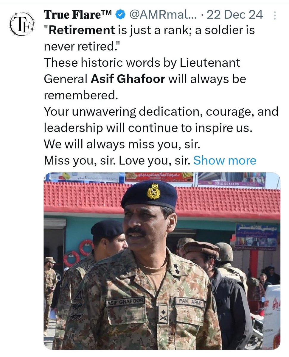realha22's tweet photo. @Baaghiee جنرل آصف غفور سرونگ لیفٹیننٹ جنرل کے طور پہ صدر نیشنل ڈیفنس یونیورسٹی پاکستان کیلئے خدمات سرانجام دیں نہ کہ ریٹائرمنٹ ہونے کے بعد۔
جنرل آصف غفور دسمبر 2024 میں نیشنل ڈیف��س یونیورسٹی پاکستان سے بطور صدر ریٹائرڈ ہوئے۔ انہوں نے ریٹائرمنٹ کے بعد اب تک کوئی عہدہ نہیں لیا۔
#Facts https://t.co/V6aen5uUqp