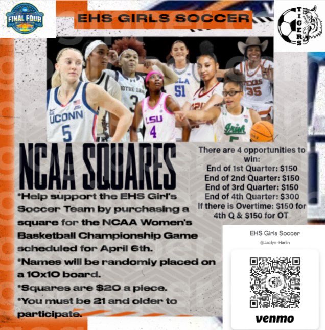 March Madness has begun!! Take your chances at winning some cash and helping EHS girls soccer. We have squares for sale for the 2025 Women's Final Four Championship game.  

Cash or Venmo <a href="/jaclyn/">Jaclyn</a>-harlin (all funds go to EHS girls soccer)

Thanks in advance!