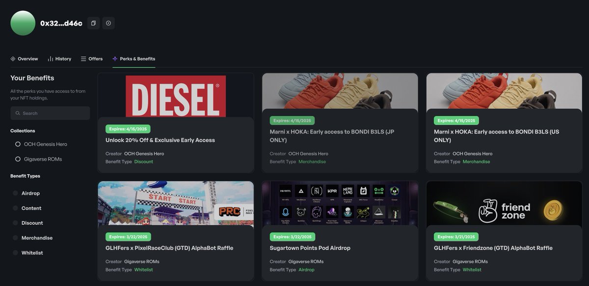 We just went live with a new integration!

Thanks to <a href="/themiracle_io/">theMiracle</a>, we're now displaying perks, rewards, and other opportunities that collections offer to their NFT holders.

Users can now see all the benefits their NFTs provide in a dedicated tab on their user page or check