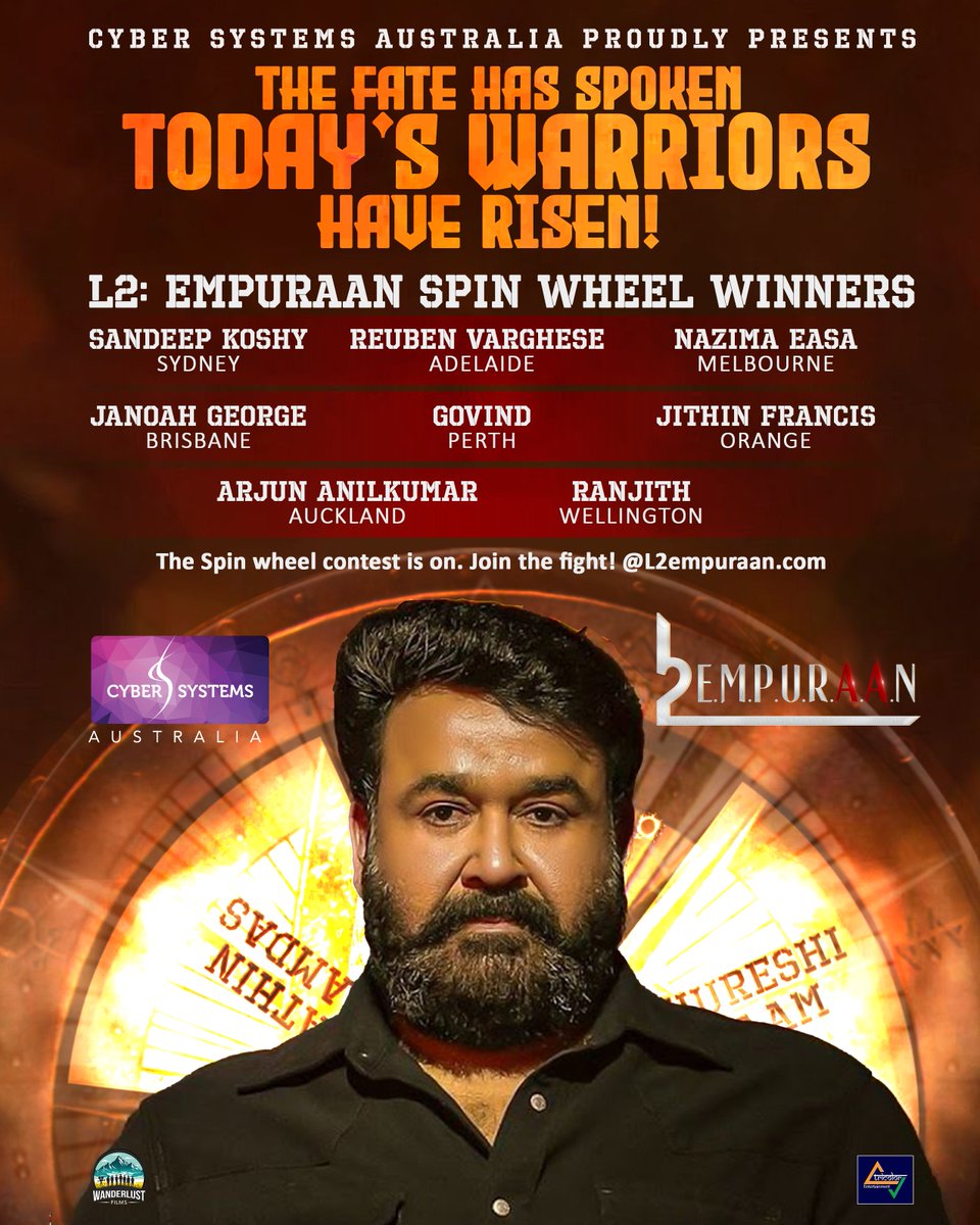 cybersystems_oz's tweet photo. Luck has spoken!
Today's warriors have emerged victorious in the #SpinToWin competition. Congratulations to our winners!
The battle isn't over yet—will you be next?
Click https://t.co/YiYWGu6ukt join the fight.
#Empuraan #lucifer #L2E #cybersystem #cybersystemsaustralia https://t.co/gnhcGhhBVB