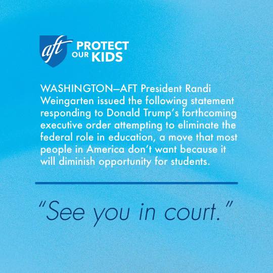We will always fight to protect our kids and they need to have a U.S. Department of Education to make sure public education and our students are given all of the educational opportunities they need and deserve. <a href="/AFTunion/">AFT</a>