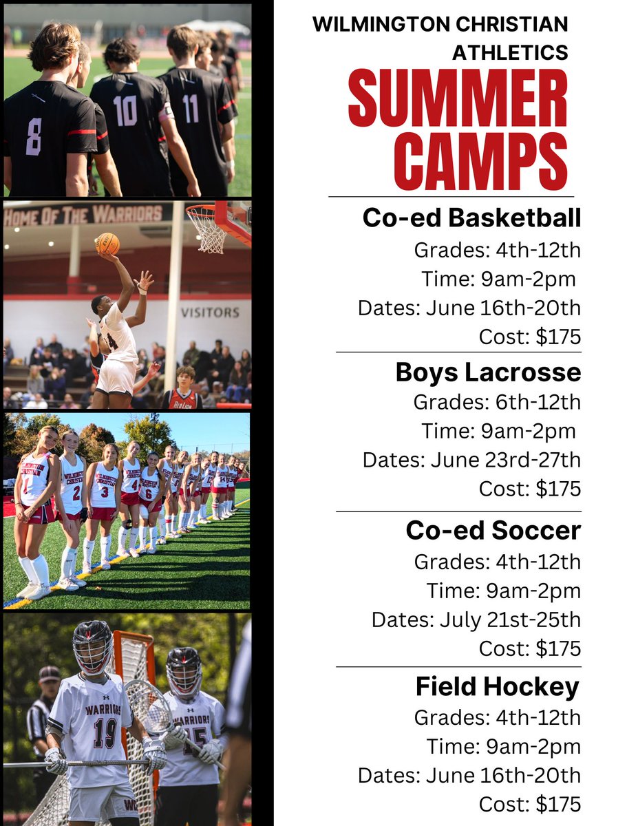 Warrior Nation - links are live for our WCS athletic summer camps.  Sign up on the WCS school website under the 'news and events' tab.   WARRIOR PRIDE!