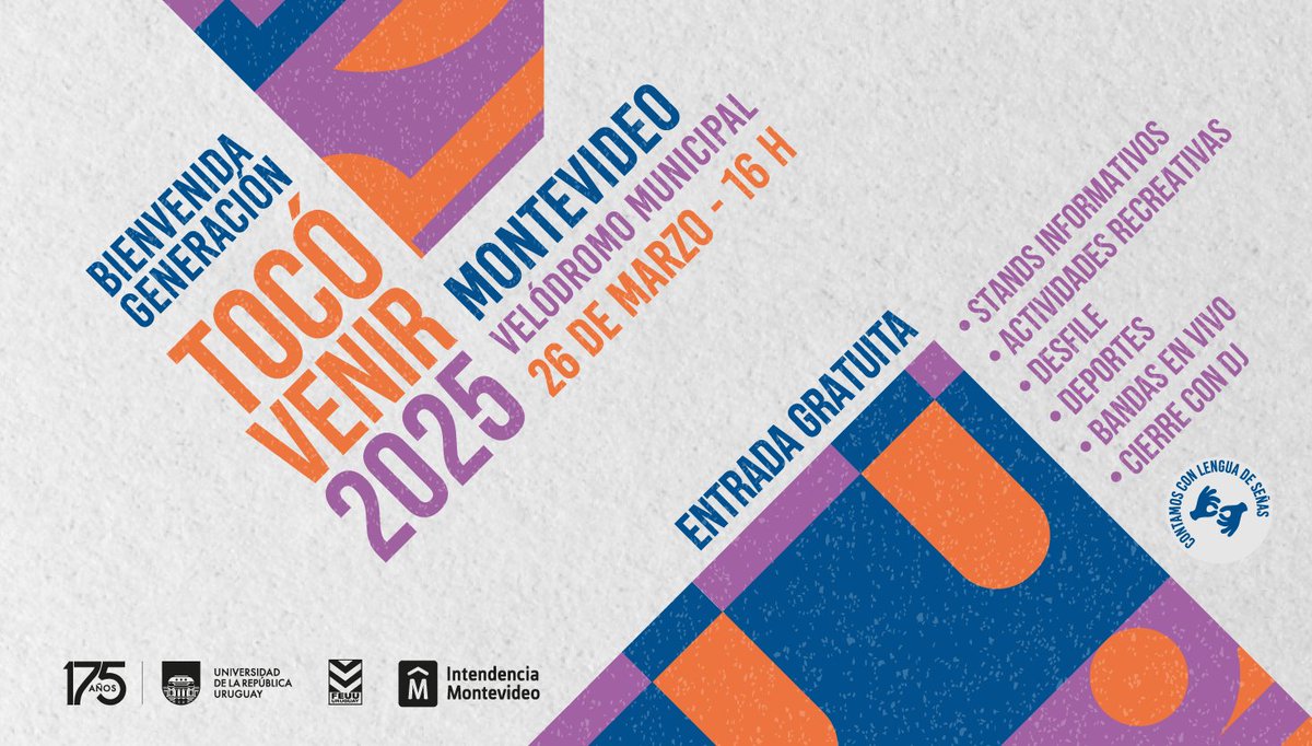 Facultad de Odontología Udelar (@fodonudelar) on Twitter photo Se viene el #TocóVenir 2025 a Montevideo 💥
🪩 Como todos los años @montevideoim, @udelar_uy y y <a href="/asceepfeuu/">FEUU - URUGUAY</a> reciben a las y los nuevos estudiantes con una gran fiesta y diversas actividades en el Velódromo.
🗓️ 26 de marzo
⏰ 16h
📍 Velódromo Municipal
🎟️ Entrada libre Se viene el #TocóVenir 2025 a Montevideo 💥
🪩 Como todos los años @montevideoim, @udelar_uy y y <a href="/asceepfeuu/">FEUU - URUGUAY</a> reciben a las y los nuevos estudiantes con una gran fiesta y diversas actividades en el Velódromo.
🗓️ 26 de marzo
⏰ 16h
📍 Velódromo Municipal
🎟️ Entrada libre