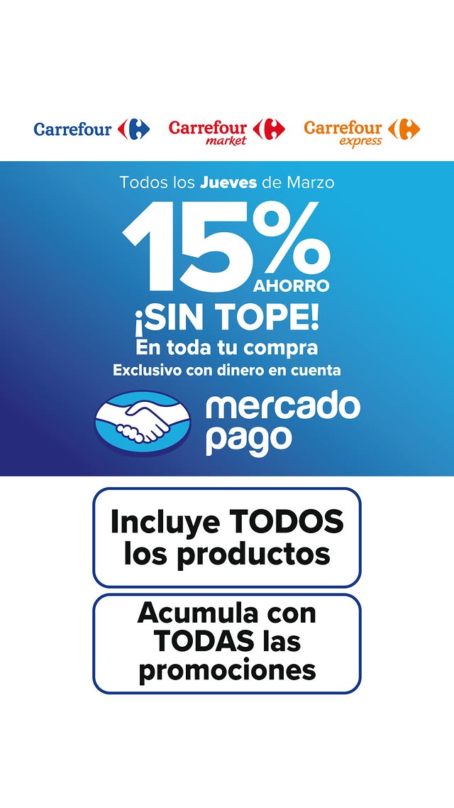 PromosAR's tweet image. ¡Jueves de ahorro en @carrefourarg!
📅 Todos los jueves de marzo
💸 15% OFF - sin tope!
🛒 En todos los productos
💳 Pagando con @mercadopago

¡Aprovechá y llená el changuito! 🔥

#ofertas #descuentos #promociones