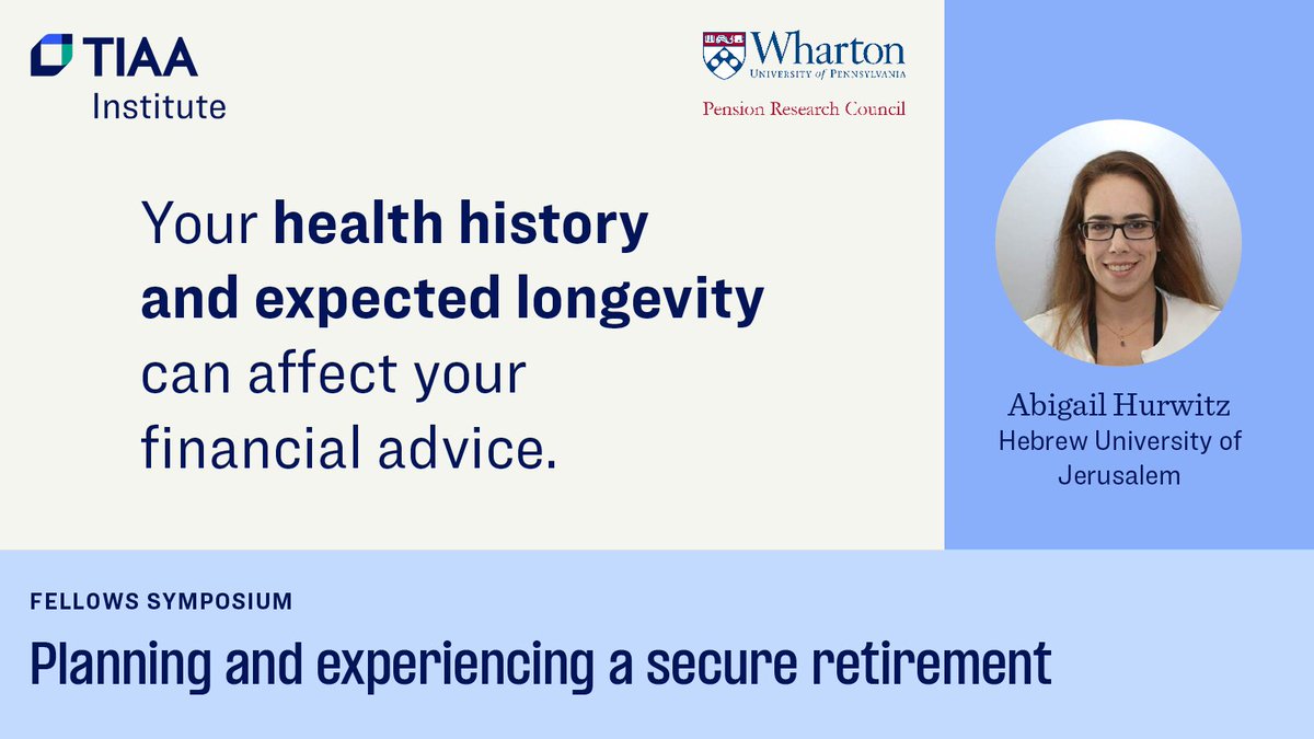 TIAA Institute (@tiaainstitute) on Twitter photo How does people’s health history and expected longevity affect the financial advice they receive? Fellows Symposium presenter Abigail Hurwitz of <a href="/HebrewU/">Hebrew University</a> reviewed new study results addressing this question.
tiaa.org/public/institu…
#TIAAInstPRC#TIAAInstFellows #BehavioralFinance How does people’s health history and expected longevity affect the financial advice they receive? Fellows Symposium presenter Abigail Hurwitz of <a href="/HebrewU/">Hebrew University</a> reviewed new study results addressing this question.
tiaa.org/public/institu…
#TIAAInstPRC#TIAAInstFellows #BehavioralFinance