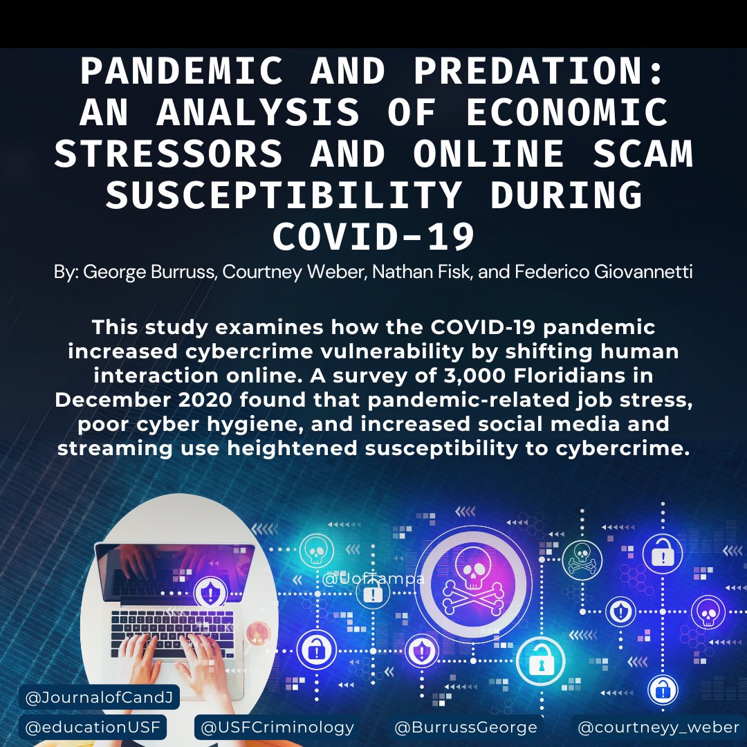 Journal of Crime and Justice (@journalofcandj) on Twitter photo Pandemic stress + poor cyber habits= higher cybercrime risk.
Check out this new article by George Burruss (<a href="/BurrussGeorge/">George Burruss</a>), Courtney Weber (<a href="/courtneyy_weber/">Courtney Weber</a>), Nathan Fisk, & Federico Giovannetti.
Read the full article at the Journal of Crime and Justice: shorturl.at/9vP6x Pandemic stress + poor cyber habits= higher cybercrime risk.
Check out this new article by George Burruss (<a href="/BurrussGeorge/">George Burruss</a>), Courtney Weber (<a href="/courtneyy_weber/">Courtney Weber</a>), Nathan Fisk, & Federico Giovannetti.
Read the full article at the Journal of Crime and Justice: shorturl.at/9vP6x