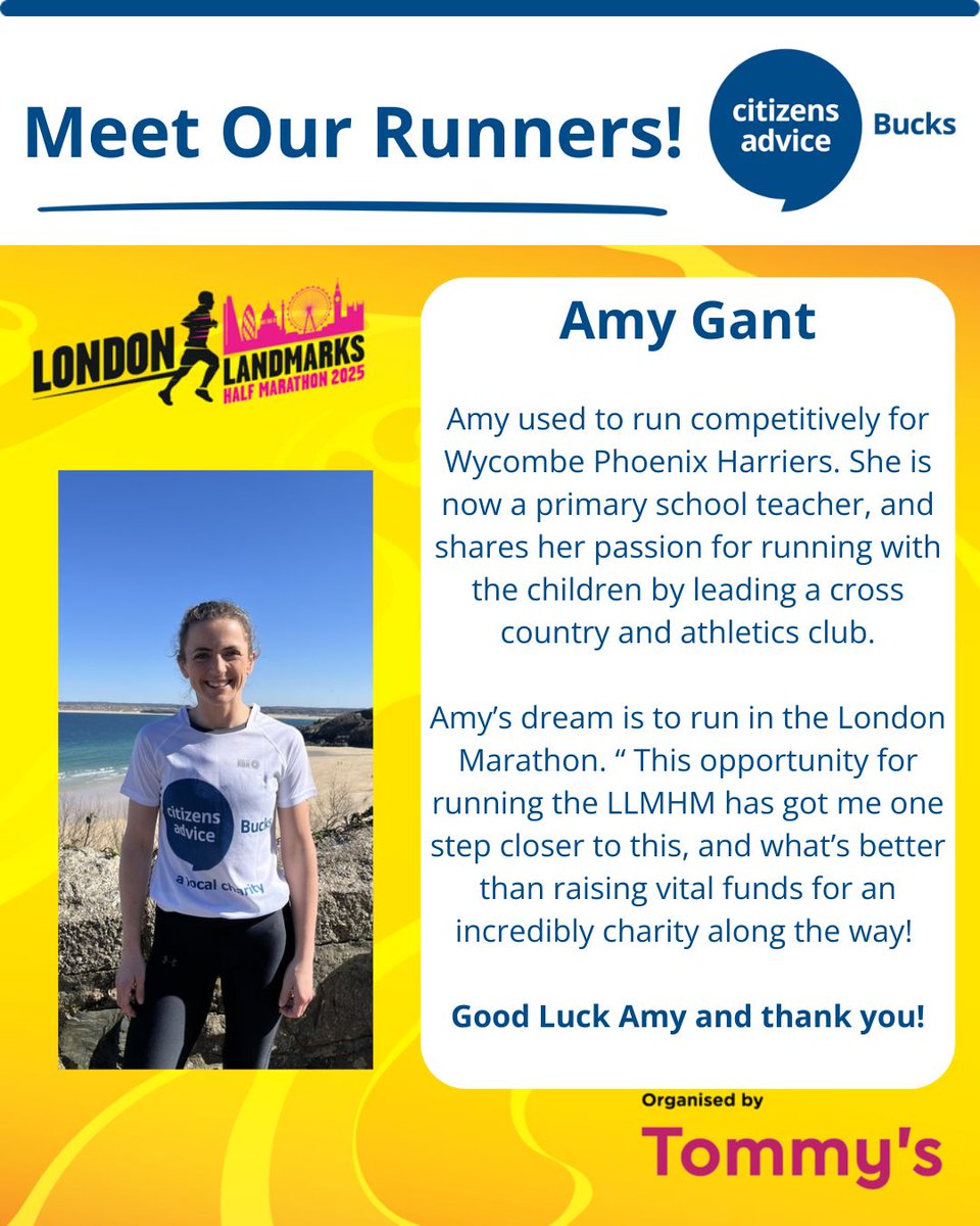 Citizens Advice Bucks (@citadvicebucks) on Twitter photo Meet the next of our amazing runners who have kindly agreed to run the <a href="/LLHalf/">London Landmarks Half Marathon</a> on behalf of <a href="/CitAdviceBucks/">Citizens Advice Bucks</a> .
Amy and #CABucks would love your support. Please share this post and, if you are able, please donate via her JustGiving page : justgiving.com/page/amy-gant-…
#LLHM2025 Meet the next of our amazing runners who have kindly agreed to run the <a href="/LLHalf/">London Landmarks Half Marathon</a> on behalf of <a href="/CitAdviceBucks/">Citizens Advice Bucks</a> .
Amy and #CABucks would love your support. Please share this post and, if you are able, please donate via her JustGiving page : justgiving.com/page/amy-gant-…
#LLHM2025