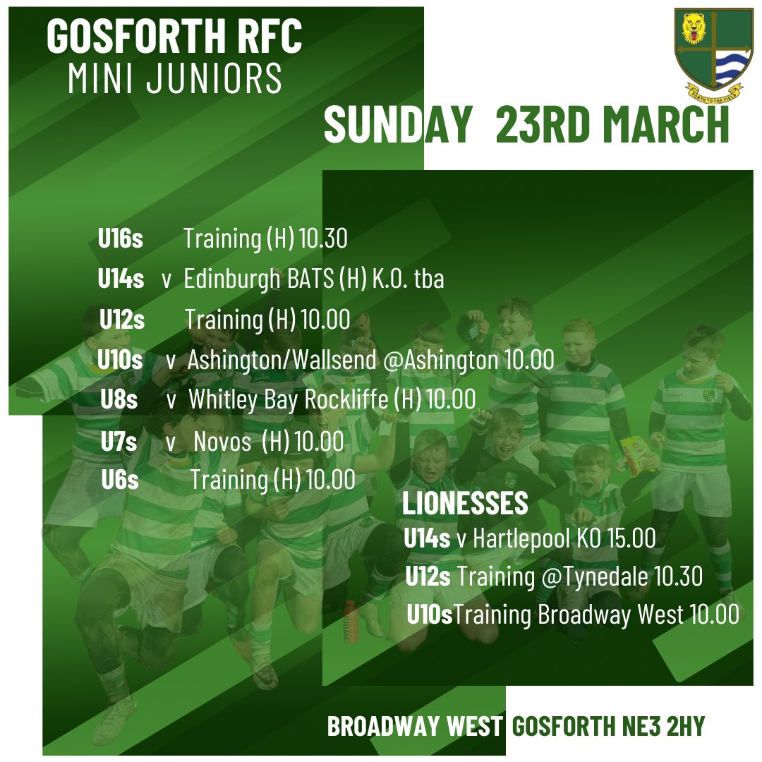 Here’s where all our Mini juniors are playing this week . #gosforthminirugby  #gosforthminijuniors #gosforthminijuniorrugby #gosforthrugbyfootballclub #gosforthrugbyclub #grfc #gosforthrugby #juniorrugby #minirugby #gosforthlionesses