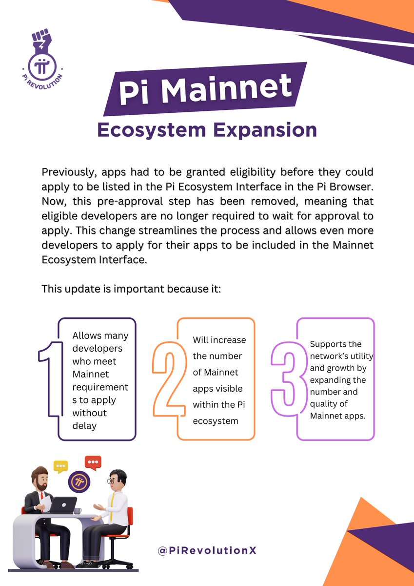 🚀Big News for Developers!
No more waiting! Eligible devs can now apply directly to list their Pi apps on the Mainnet Ecosystem Interface—no pre-approval needed! This streamlines the process, boosts app visibility, &amp; drives Pi’s utility. Apply now &amp; build the future!  #PiNetwork
