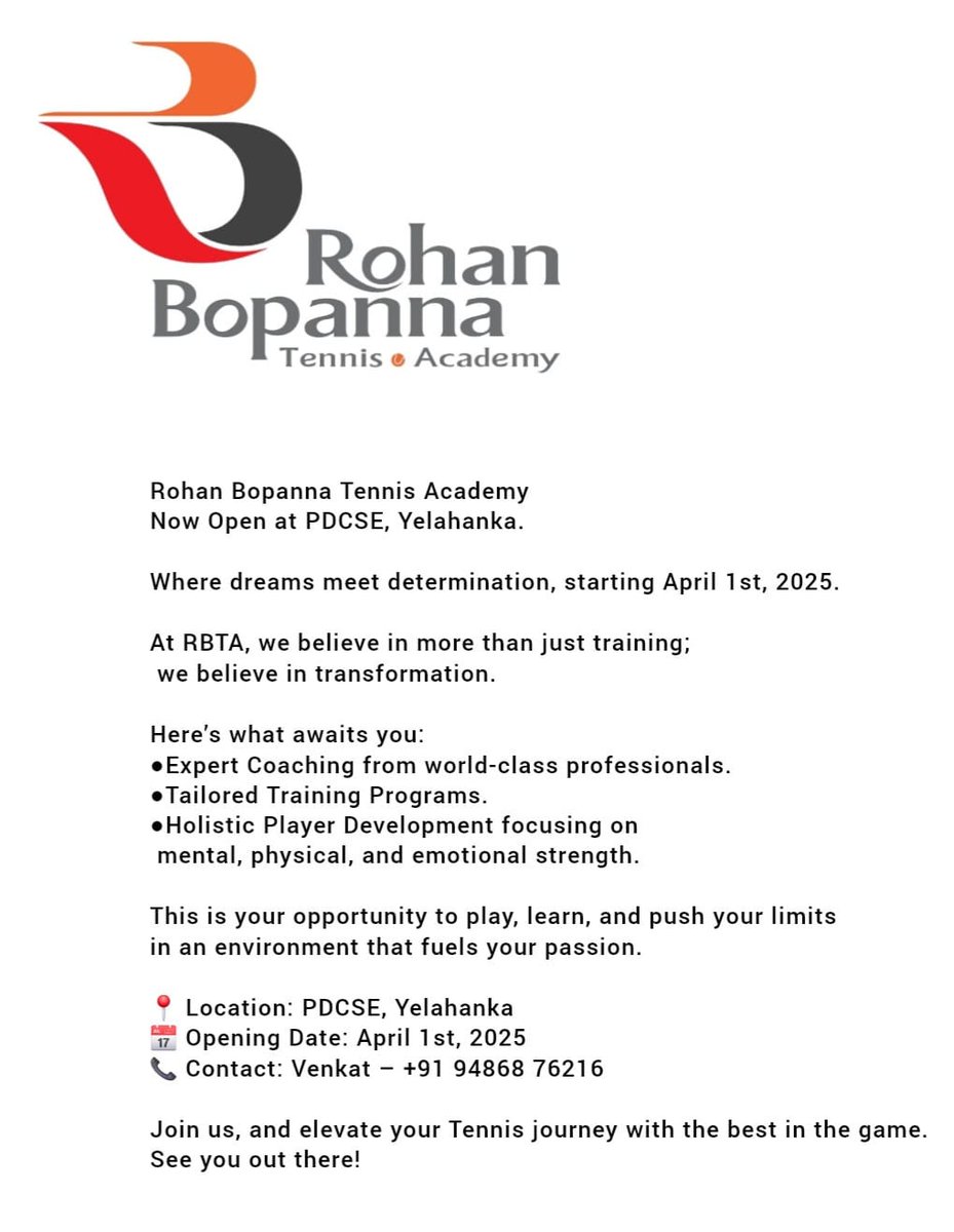 Rohan Bopanna Tennis Academy 🎾🚀

We’re moving to a brand-new location! 🏟️✨ A new space, fresh courts, and bigger opportunities for players to train, grow, and compete at the highest level.

Stay tuned for updates as we set up and get ready to welcome you alln In APRIL 💪🔥