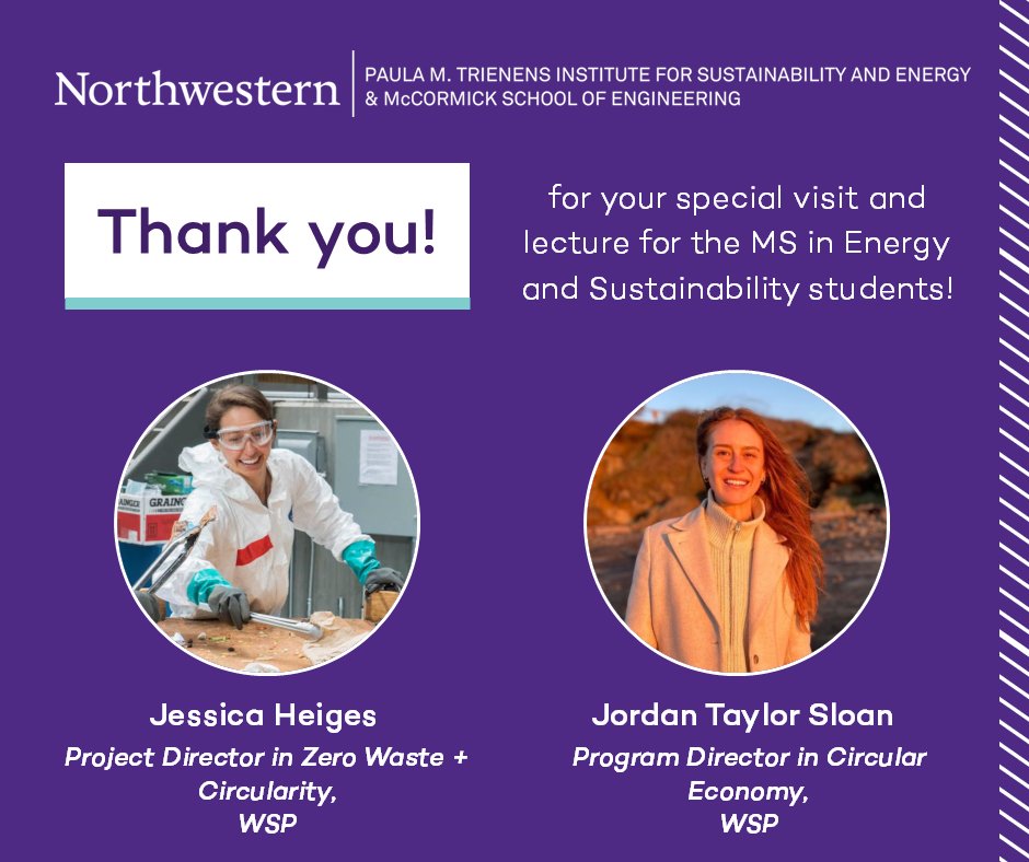 NU_MSES's tweet image. A special thank you to Jessica Heiges and Jordan Taylor Sloan who gave a guest lecture in Jenny Carney&apos;s ISEN 462: Circular Economy class. They shared their expert knowledge in extended producer responsibility and circularity in corporate sustainability.