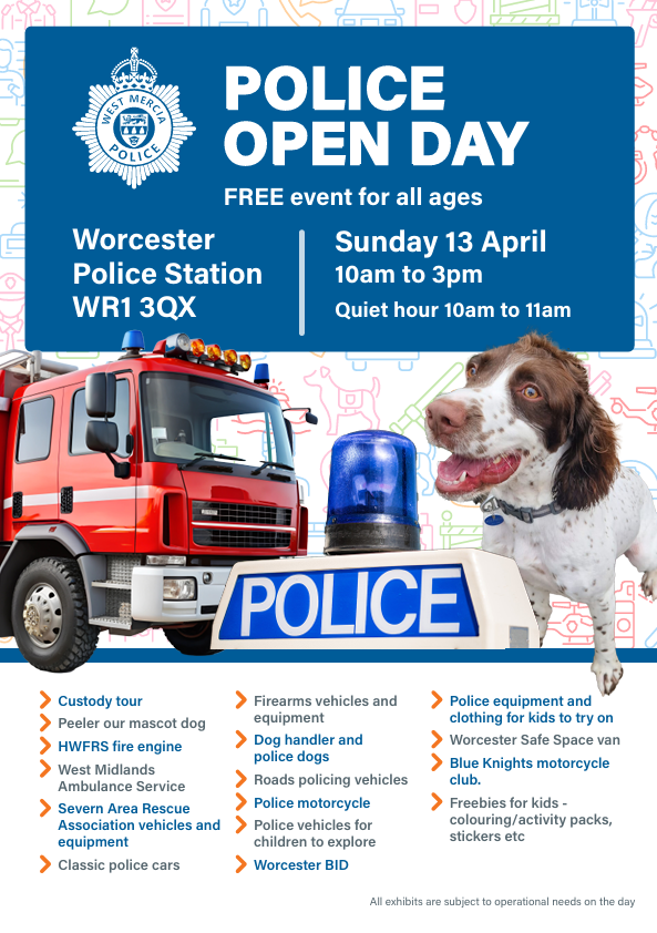 Worcester BID (@worcesterbid) on Twitter photo Join us at the <a href="/WMerciaPolice/">West Mercia Police</a> Open Day! ššØ
- April 13
- 10AM-3PM
From a custody tour to police dogs, vehicles, and freebies, this is an event you won't want to miss.
We are proud to support this event and can't wait to see you there!
#worcestershirehour <a href="/WMerciaPolice/">West Mercia Police</a> Join us at the <a href="/WMerciaPolice/">West Mercia Police</a> Open Day! ššØ
- April 13
- 10AM-3PM
From a custody tour to police dogs, vehicles, and freebies, this is an event you won't want to miss.
We are proud to support this event and can't wait to see you there!
#worcestershirehour <a href="/WMerciaPolice/">West Mercia Police</a>