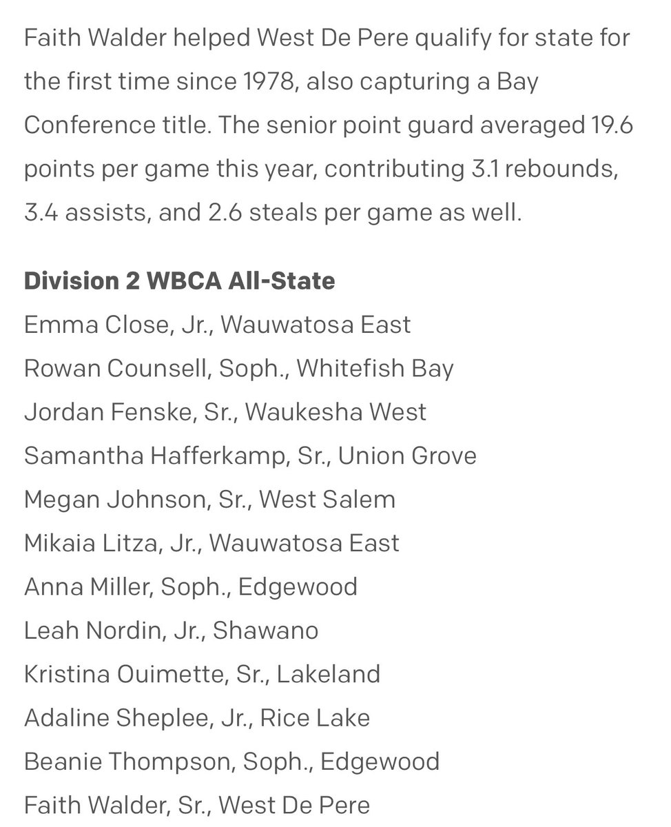 WDP Phantom Girls Basketball (@phantomsgbb) on Twitter photo Congrats to Faith Walder <a href="/WalderFaith/">Faith Walder</a> on being selected 1st Team D2 All State by the WBCA! Totally deserving of the recognition Faith!
wissports.net/news_article/s… Congrats to Faith Walder <a href="/WalderFaith/">Faith Walder</a> on being selected 1st Team D2 All State by the WBCA! Totally deserving of the recognition Faith!
wissports.net/news_article/s…
