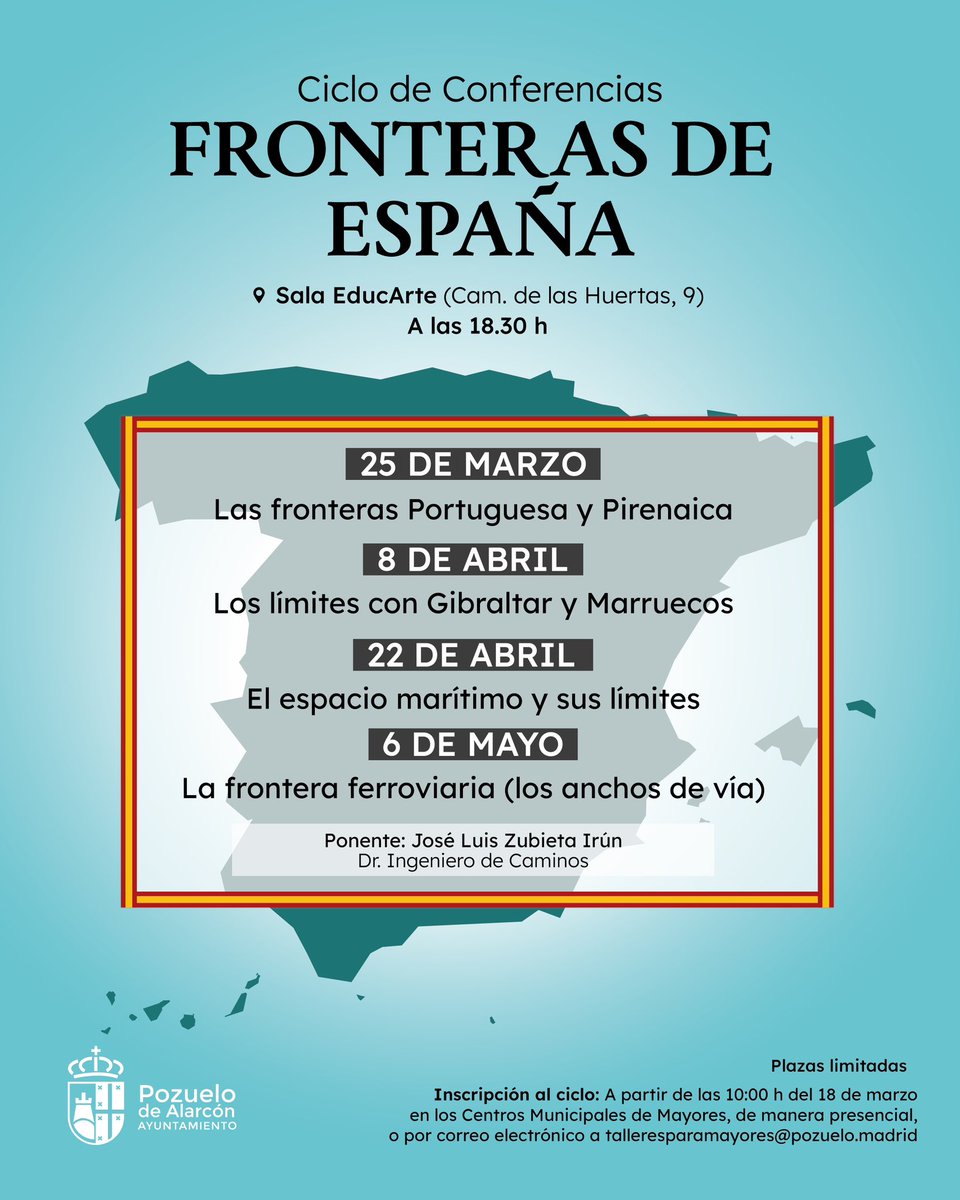 ayto_pozuelo's tweet photo. 📢Nuevo ciclo de conferencias en #Pozuelo

Descubre las fronteras de 🇪🇸 con el Dr. José Luis Zubieta Irún. 🌍✍️

📌 25/03 – Fronteras portuguesa y pirenaica
📌 08/04 – Gibraltar y Marruecos
📌 22/04 – Espacio marítimo
📌 06/05 – Frontera ferroviaria

📍 Sala Educarte | 🕡 18:30 https://t.co/RetDYwXpZy