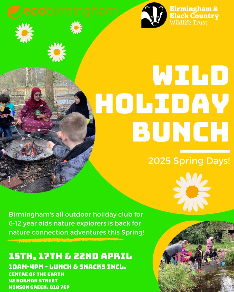Wild Holiday Bunch Spring Days  🐦🪺🌸🌱 👇

We're back <a href="/WTBBC/">Birmingham & Black Country Wildlife Trust</a> gorgeous Centre of the Earth in Winson Green &amp; would love you to join us for some forest school fun, games, nature crafts + veggie campfire lunches.

Pay-as-you-feel places can be booked here: bit.ly/428WlpL