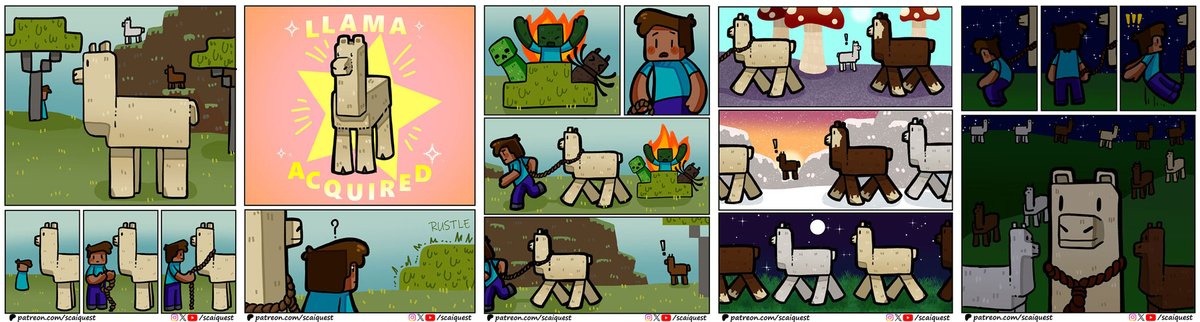 ScaiQuest's tweet image. 🥳New comic: "Llama King", a fast-paced portrayal of an amazing Minecraft mechanic. 🦙🦙🦙

👀Join us on Patreon (patreon.com/scaiquest) for early &amp;amp; behind-the-scenes access, HD art and bonus panels!

#minecraft #minecraftcomic #minecraftart
