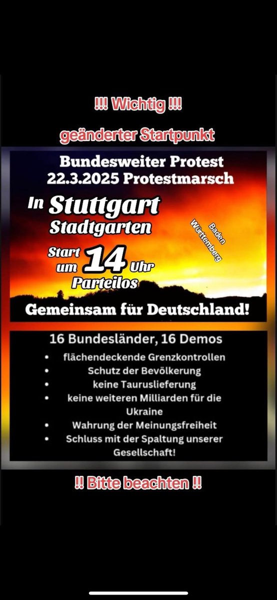 TheBigPic25's tweet photo. ℹ️ Bitte unbedingt teilen, teilen, teilen 🚨‼️ Geänderter Startpunkt von den Behörden.

Mehr Infos in der Telegramm-Gruppe:

https://t.co/iKnjnmZthd

#BundesweiterProtest #stuttgart #demo #Deutschland #großdemo #gemeinsamfürdeutschland #fypシ #fypシviral #protest #Meinungsfreiheit #frieden #steuer #Migration #badenwuerttemberg
