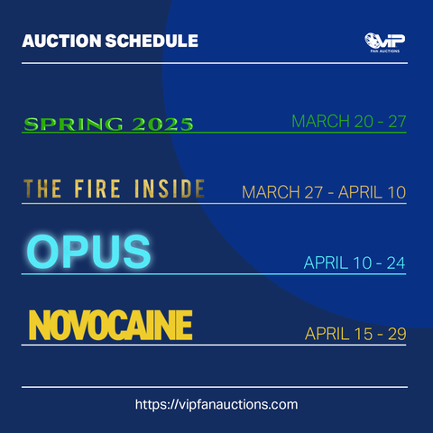 vipfanauctions's tweet photo. New Auction Schedule! A Lot of Exciting Auctions Coming Soon!

#TheFireInside #opus #Novocaine https://t.co/b2de2tFevj