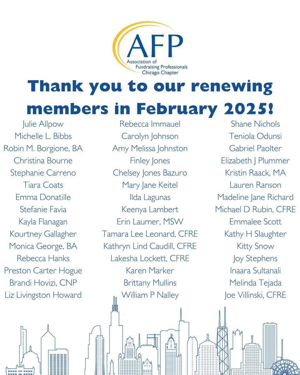 afpchicago's tweet photo. A big thank you to all the AFP Chicago members who renewed their membership last month! 🎉 Your continued support strengthens our community and helps us advance the mission of philanthropy. We're excited to continue growing together and can't wait to see you at an event soon! https://t.co/yjvlwMei1N