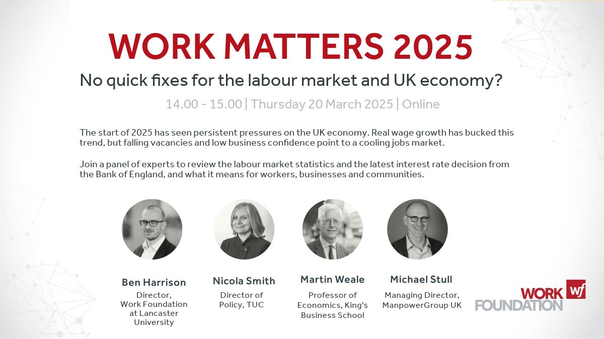 WorkFoundation's tweet image. At our #WorkMatters event today, we brought together Prof Martin Weale (@kingsbschool), @nicolaasmith (@The_TUC) &amp;amp; @MichaelHStull (@ManpowerGroupUK) to review the labour market statistics &amp;amp; Bank of England interest rate decision &amp;amp; what it means🔽 (1/12)
