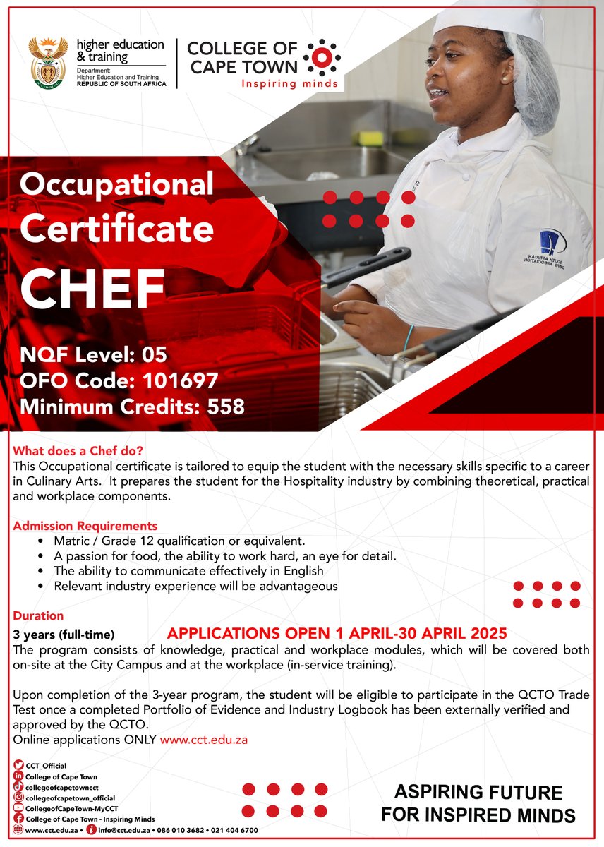 College of Cape Town (@cct_official) on Twitter photo Introducing our new Occupational Chef Qualification!
#hospitality #secondsemester
#TVETCOLLEGES Introducing our new Occupational Chef Qualification!
#hospitality #secondsemester
#TVETCOLLEGES