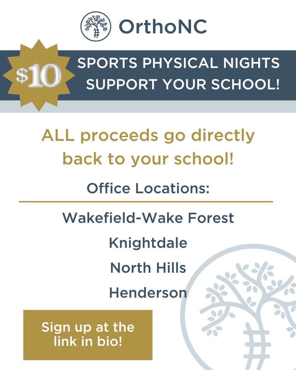 Student-athletes, get ready for the season with a $10 sports physical at OrthoNC!

-Open to all levels of athletes
-All proceeds go back to your school!

Don't wait - stay in the game and support your school at the same time!

Tag a teammate who needs their sports physical!