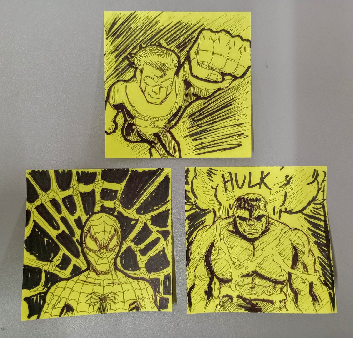 Was a slow morning at work today so I did some post-it note doodles. #Invincible #HULK #Spiderman #ComicArt #comicartist