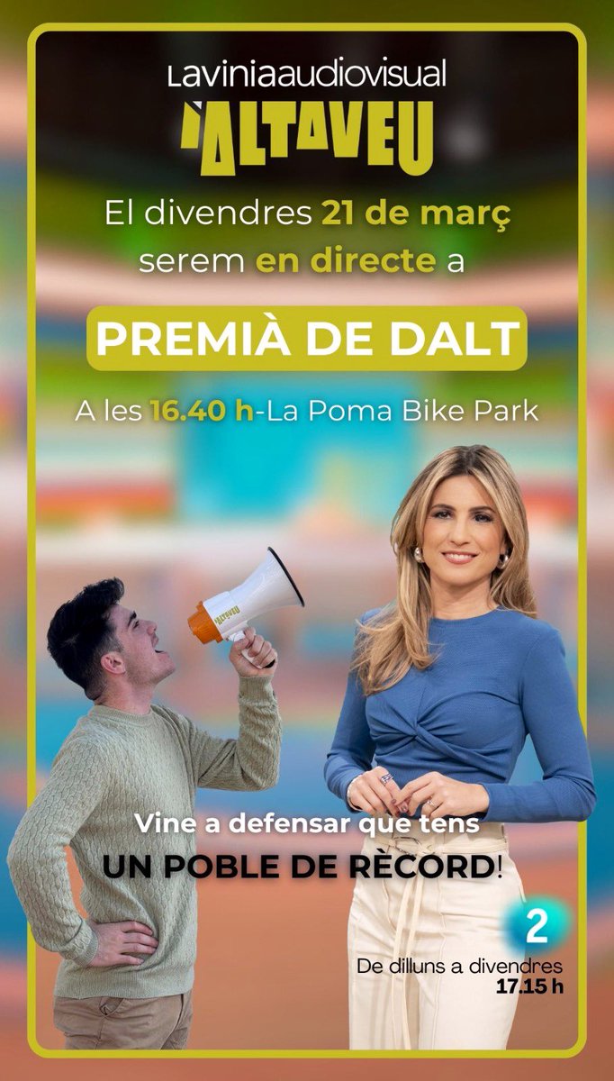 ajpremiadedalt's tweet photo. 📣 Divendres 21 de març, el programa ‘L’altaveu’, el magazín d'entreteniment de RTVE Catalunya presentat per la Danae Boronat, serà en directe a #PremiàdeDalt!

⌚️ 16.40 h 

📍 A La Poma Bike Park

Obert a tothom. Acosteu-vos-hi! @pddmediaoficial https://t.co/zV6MRg7iHv