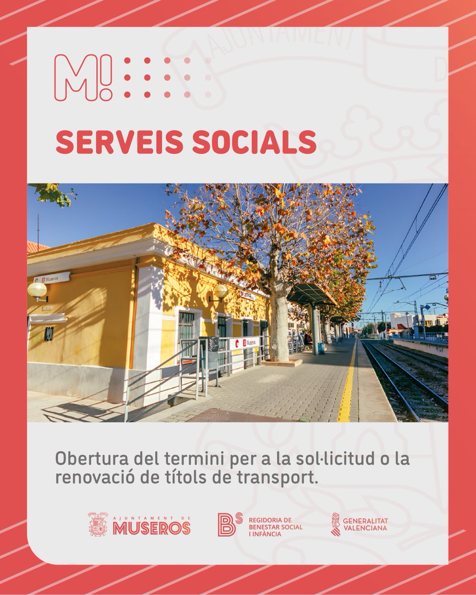 🚏 Dilluns, 24 de març, obre el termini per a sol·licitar o renovar els títols de transport del conveni amb <a href="/GVAfgv/">GVA FGV</a> per al període 2025-2026.

Podran beneficiar-se del títol de transport:
 
-Persones majors de 65 anys
-Persones amb discapacitat reconeguda igual o superior al 64%