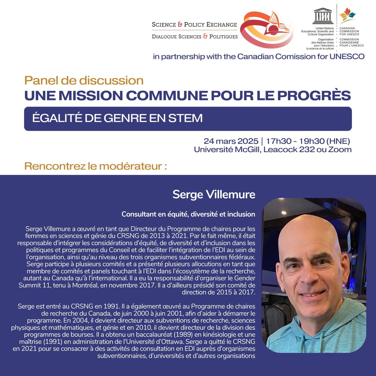 The expert in #EDI, Serge Villemure will guide our panel on gender equity next Monday!
L'expert en EDI, Serge Villemure, animera notre panel sur l’égalité de genre lundi 24 mars!
📢 Register/Inscrivez-vous: forms.gle/rCUWjwY5zPA7Mn…
#EquityInSTEM #SciencePolicy #Networking