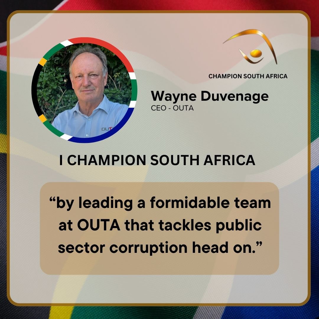 ChampionSAfrica's tweet image. @wayneduv Champions South Africa by “leading a formidable team at OUTA that tackles public sector corruption head on.” @OUTASA 
#WeChampionSouthAfrica
#ChampionSouthAfrica 🏆🇿🇦