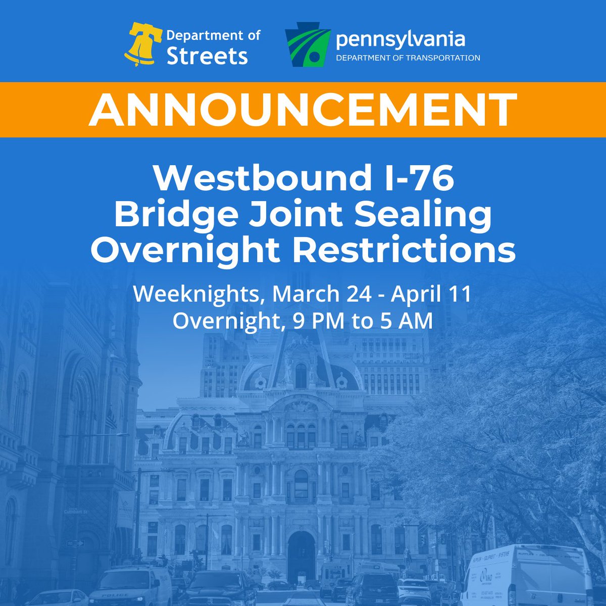 PennDOT has announced bridge joint sealing operations starting next week on westbound I-76 (Schuylkill Expressway) lanes and some ramps. Overnight restrictions and closures, 9 PM to 5 AM. For more information please see PennDOT's website at pa.gov/agencies/pennd…