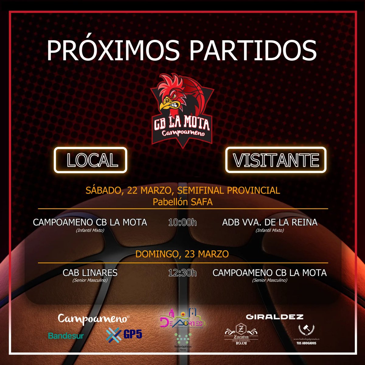 🏀🔥 ¡Fin de semana clave para el CB La Mota! 🔥🏀

📅 Sábado 22/03 - 10:00h (Pabellón SAFA)
⚡ SEMIFINAL PROVINCIAL Infantil Mixto 🆚 ADB Vva. de la Reina. ¡Nos jugamos el pase a la final!

📅 Domingo 23/03 - 12:30h
🏀 Senior Masculino 🆚 CAB Linares. ¡A por la victoria!